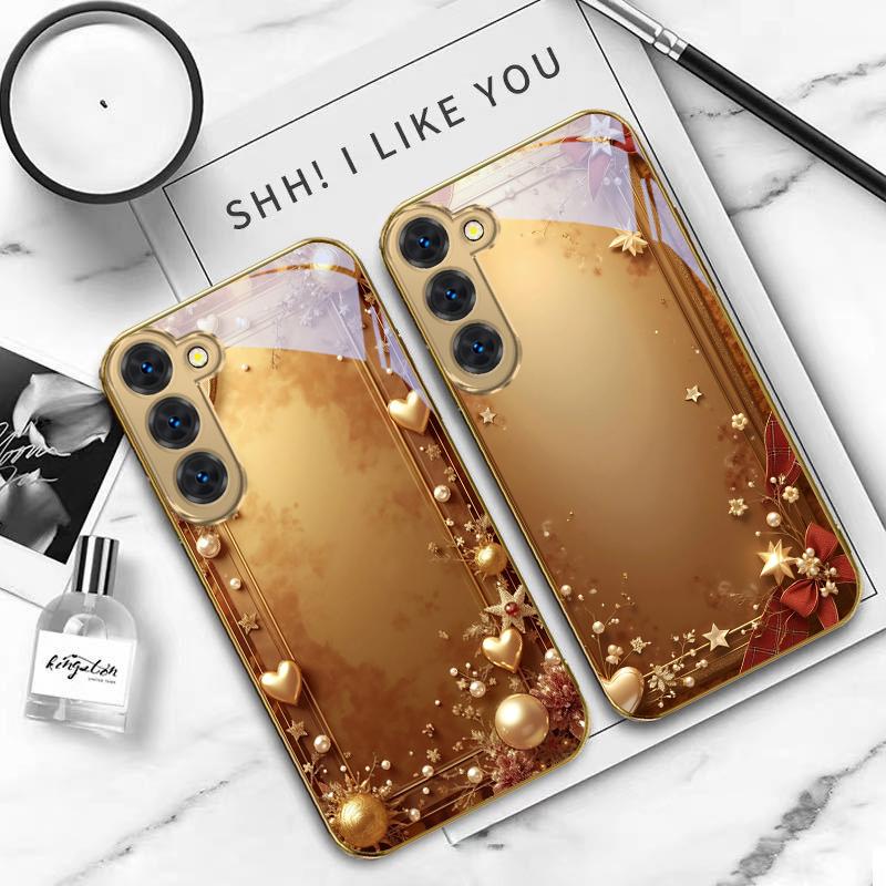 Cinta dorada y lazo Para Samsung Galaxy S26 S20 FE S21 S22 S23 Plus S24 Ultra S25Ultra S21+ S22Plus Funda de teléfono de cristal dorado