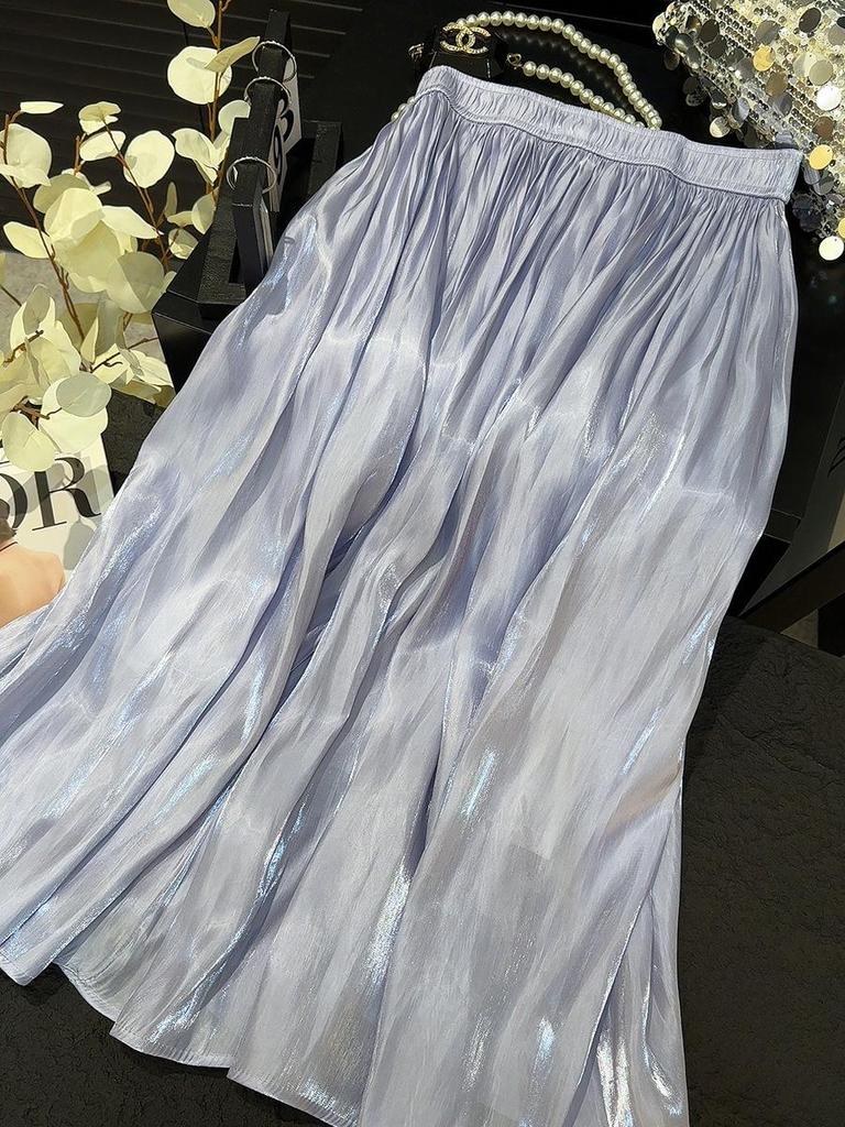High-Waisted Retro Pleated A-Line Chiffon Skirt with Pearlescent Sheen