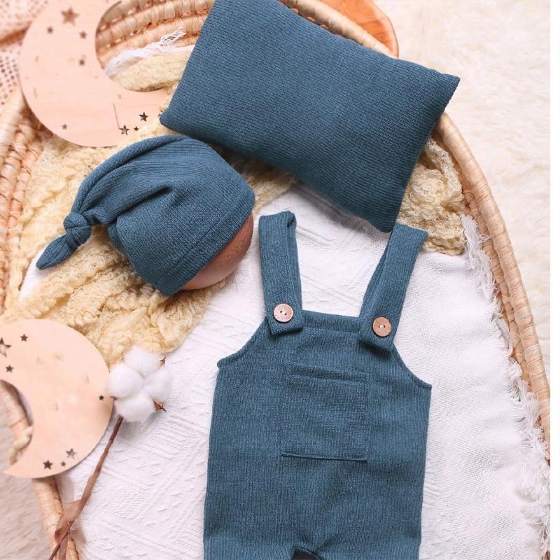 Infants Photo Shoots Apparel Set Solid Color Jumpsuits and Knotted Hat Pillow Photography Props for Baby Pictures Taking