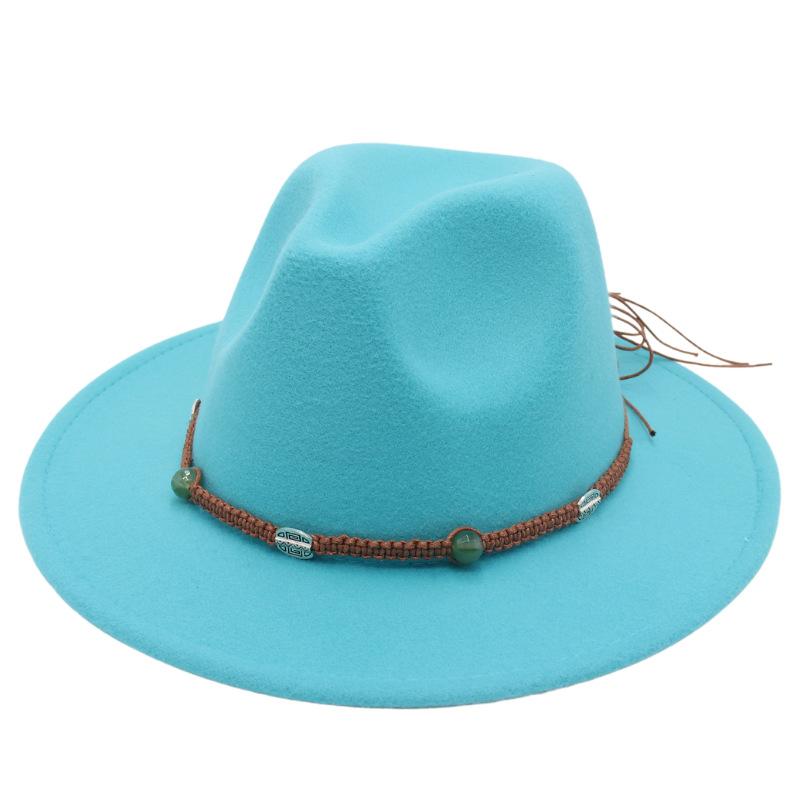 2023 New Top Hat Jade Accessories Woven Fleece Belt Foreign Trade Jazz Hat Big Eaves Show Small Face Big Head Circle Felt Hat