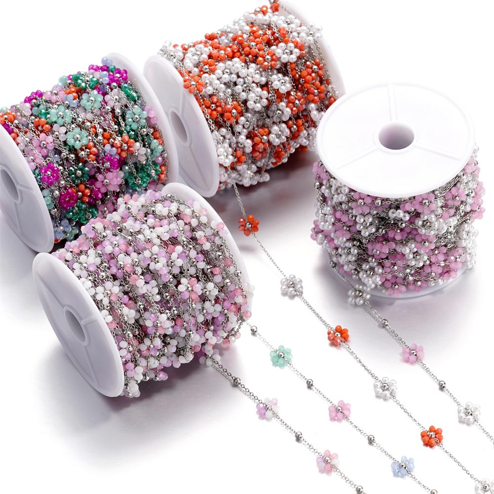 1Meter Stainless Steel Chain Flowers Pearl Beads Flat Link Chains for Necklaces Anklet Supplies DIY Jewelry Making Wholesale