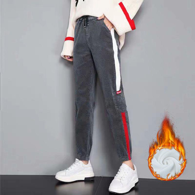 Autumn Winter Panelled Loose Plus Warm Sweatpants Lace-up Waist Straight Women Casual Bloomers Trousers