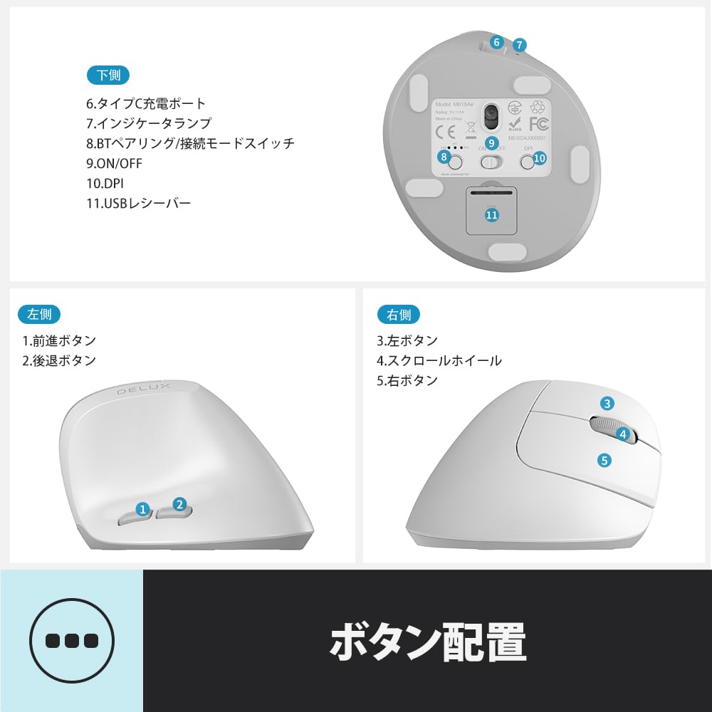 Delux Ergonomic Wireless Small Vertical 4000 Dual for Carpal and Hand for and Laptops Mouse, Hand, Lightweight, 84g, Mouse, DPI, 2.4G/Bluetooth 5.2