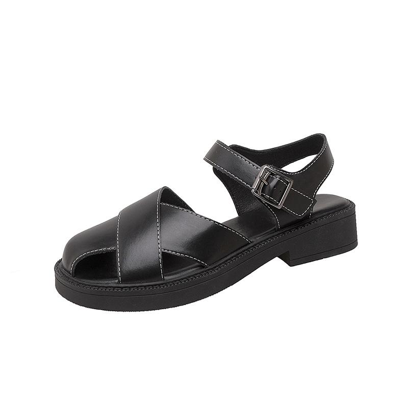 Roman sandals women s fashion girls summer low-heeled flat-bottomed cross-toed shoes beach shoes leather women s shoes 35