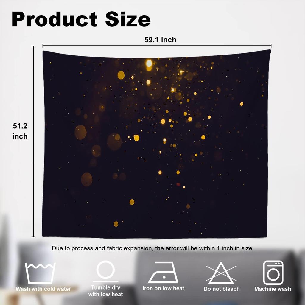 Christmas Decorations Wall Tapestry, Gold Glitter Sparkles On Black Wall Hanging Large Tapestry Decoration Polyester Fiber White
