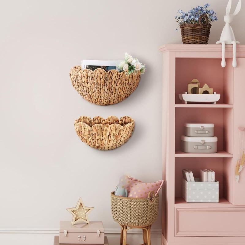 Natural Beige Hanging Basket Set for Small Item Storage, Handmade Wall Basket Pair with Wide Upper Access for Entryway and Bedroom Use