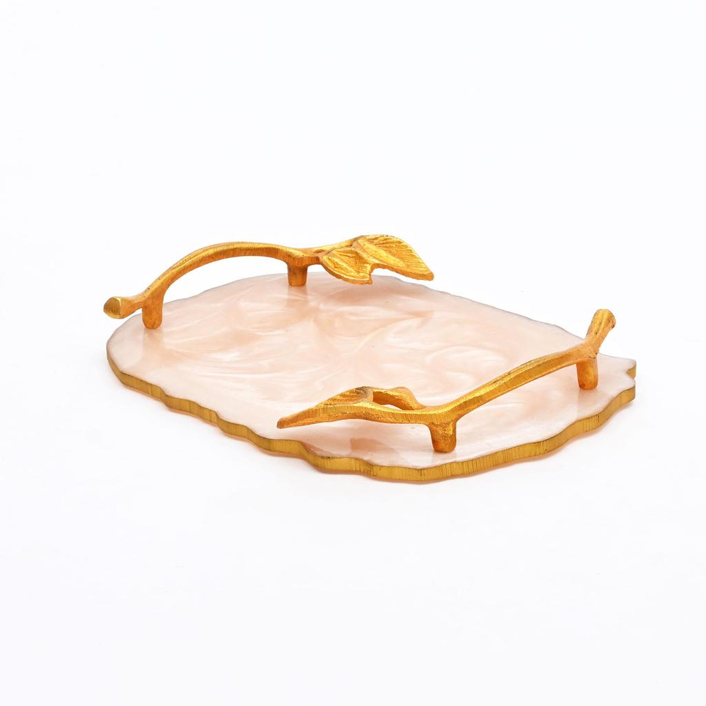 Luxury Marble Finish Leaf Handle Serving Tray – Gold Accents