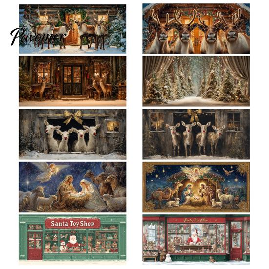 Seasonal Celebration Props Christmas Garage Door Cover, Winter Reindeer Barn/Santa Shop/Nativity Scene Holiday Party Backdrop Banner, Large