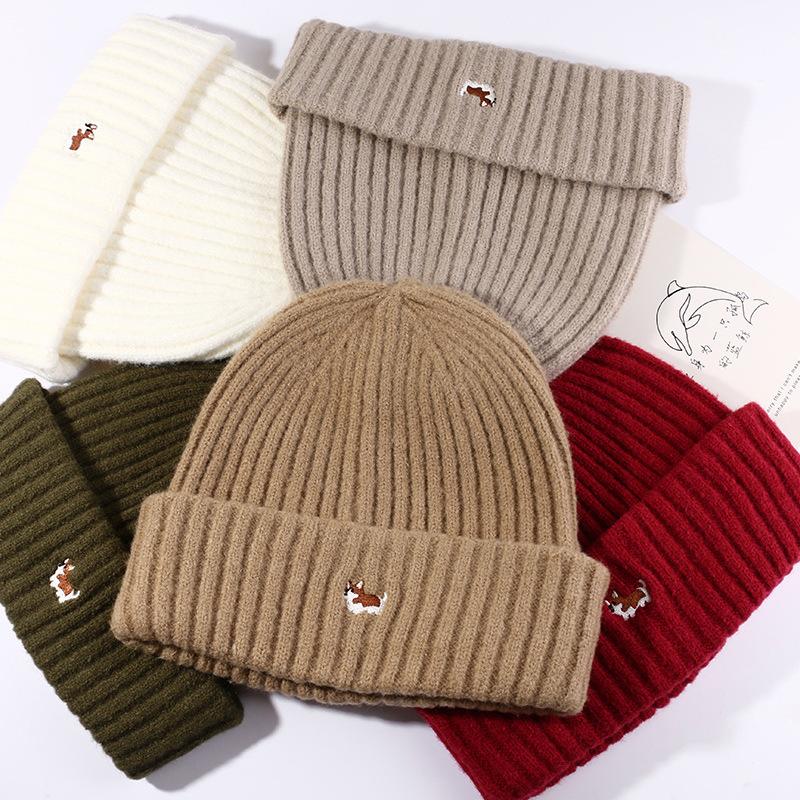 Autumn and Winter Hat Women Cartoon Puppy Embroidered Knitted Hat Student Warm Ear Protection Wool Hat Outdoor Jacket Cold Hat Man
