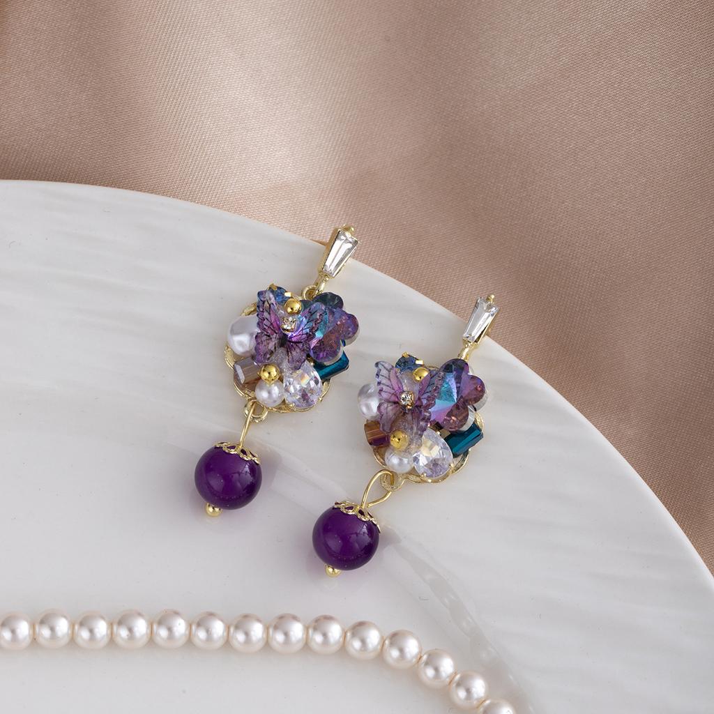 Niche Design Stud Earrings Female Purple Butterfly Flower Crystal Fringed Earrings Diamond Pearl Unique Earrings