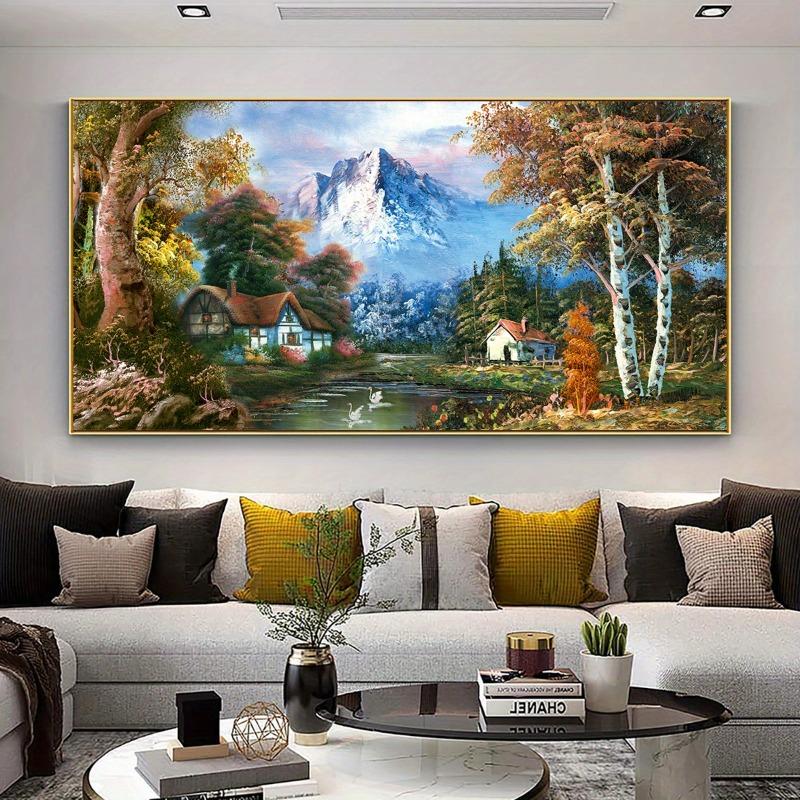 Autumnal Landscape Painting Style Unframed Canvas Poster with Quaint Houses & Snow-Capped Mountains Home Artistic Wall Decor