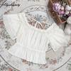 Japanese Lolita Style Women Cute Blouse White Apricot Black Lace Ruffles Chiffon Shirt Flare Sleeve Ribbon Kawaii Sweet Girl Top