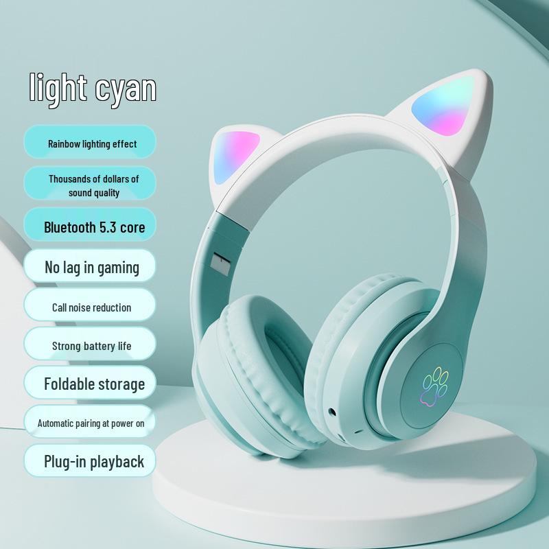 Sky Blue Cat Ear Bluetooth Headphones with Breathing Light