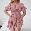 Women's Plus Size V-Neck Ruffle Edge Short Sleeve Wrap Printed Dress