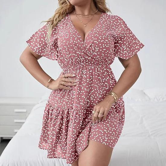 Women's Plus Size V-Neck Ruffle Edge Short Sleeve Wrap Printed Dress