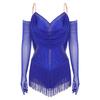 Womens Sparkling Tassel Dancewear Mesh Draped Leotard Rhinestone Fringed Bodysuit Adjustable Strap Gymnastics Outfit
