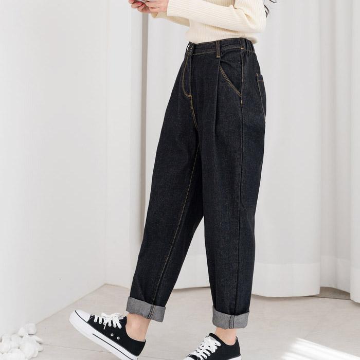 Jeansy damskie luźny krój z elastyczną talią kolor czarny szerokie spodnie dżinsowe date outfits Korea fashion