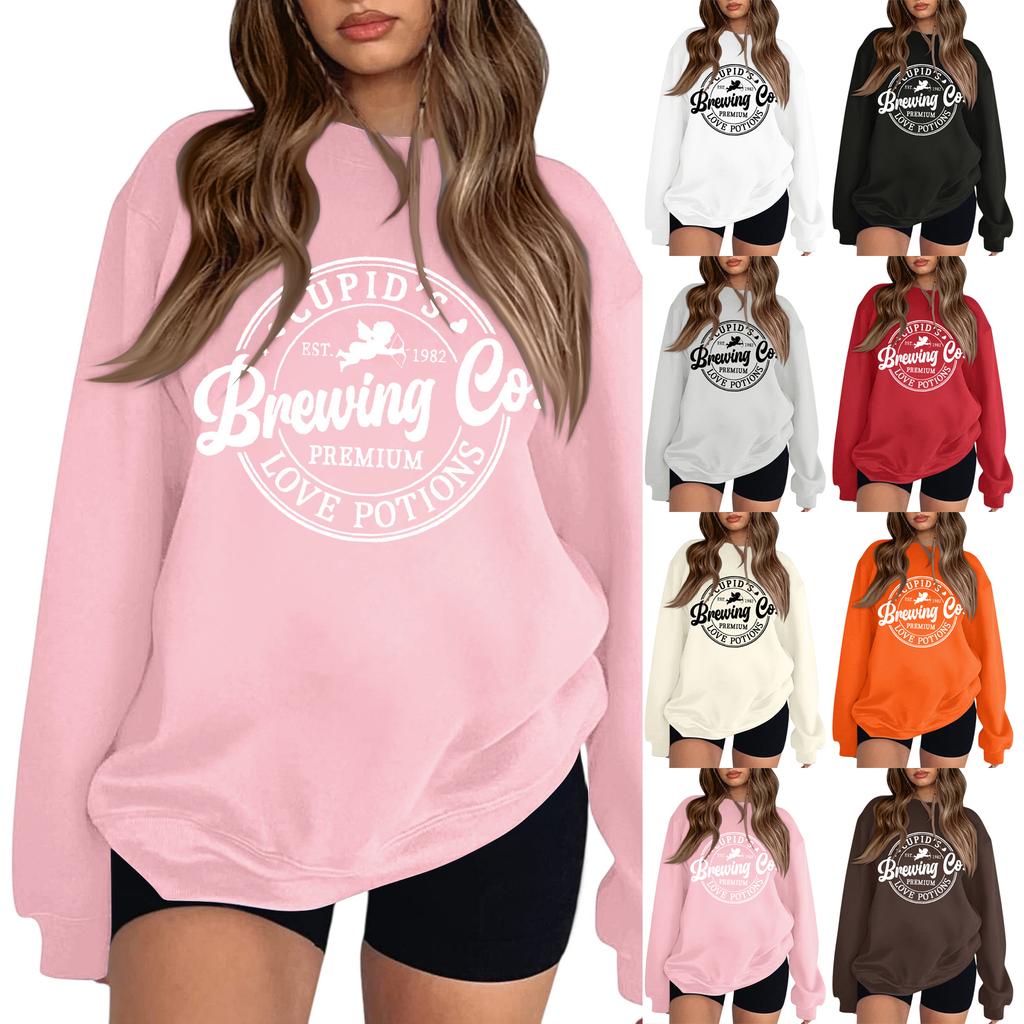 Women's Fashion Round Neck Long Sleeve Solid Color Valentine's Day Letter Top Sweatshirt