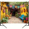 2D flat,1pc Mexican Garden Theme Backdrop with Guitars, Colorful Flags, and Flowers for Photography -No electricity