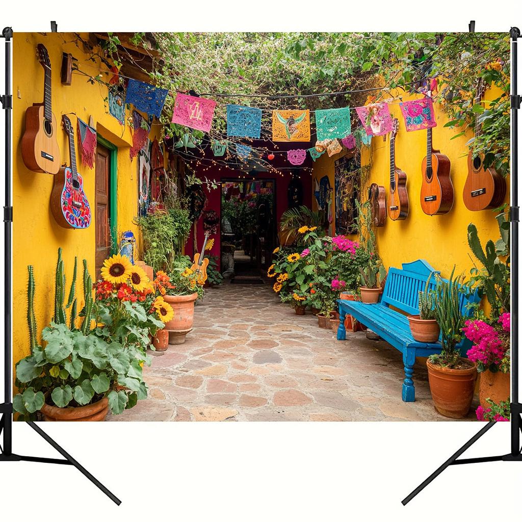 2D flat,1pc Mexican Garden Theme Backdrop with Guitars, Colorful Flags, and Flowers for Photography -No electricity