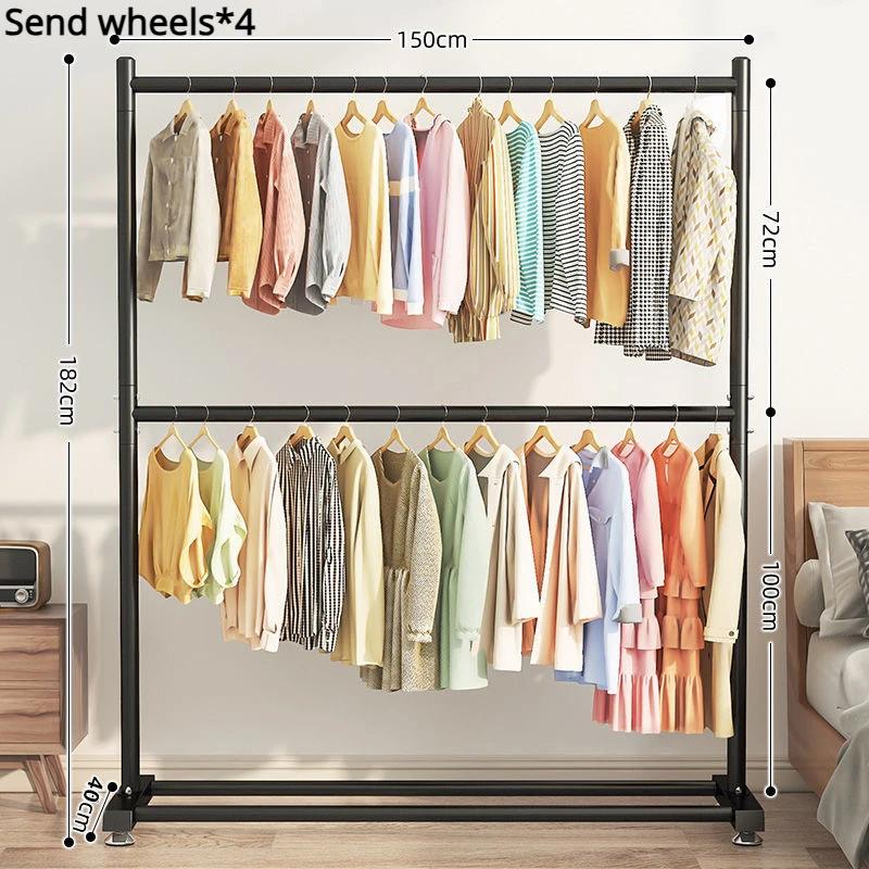 Movable Clothes Drying Rack Floor Stand Balcony Cloth Hanging Shelves With Wheels Metal No Slip Simple Living Room Coat Hanger