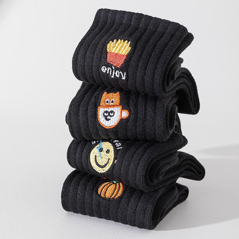 Cityboy Men’s Autumn/Winter White Cartoon Embroidery Socks - Trendy, Sweat-Absorbing Mid-Calf Sports Socks
