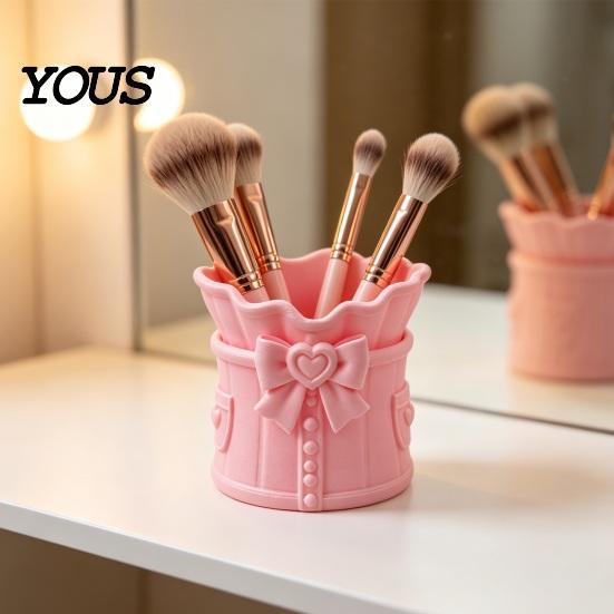 Vanity Desk Organizer Pink Bow Makeup Brush Holder, 3D Printed Organizer, Cosmetic Desktop Organization Cup Brushes & Pen Storage for Decoration