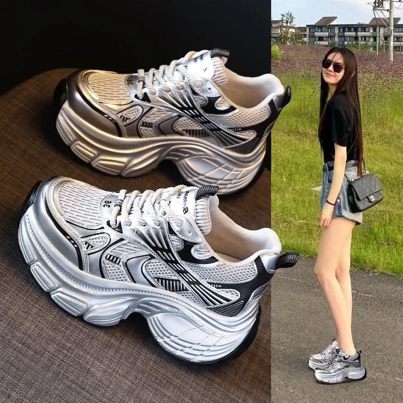 Fashion 8cm Air Mesh Summer Microfiber Genuine Leather Loafer Fashion Comfy Chunky Sneakers Women Vulcanize Platform Wedge Shoes