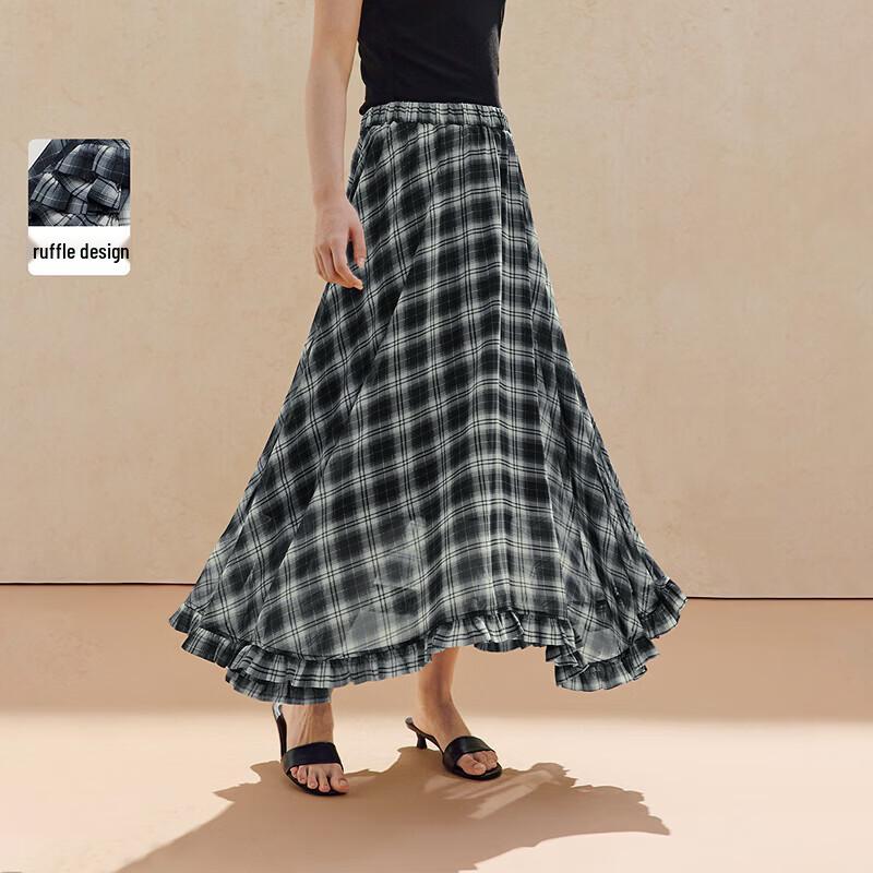 INMAN Retro Plaid Ruffle A-Line Long Skirt XL