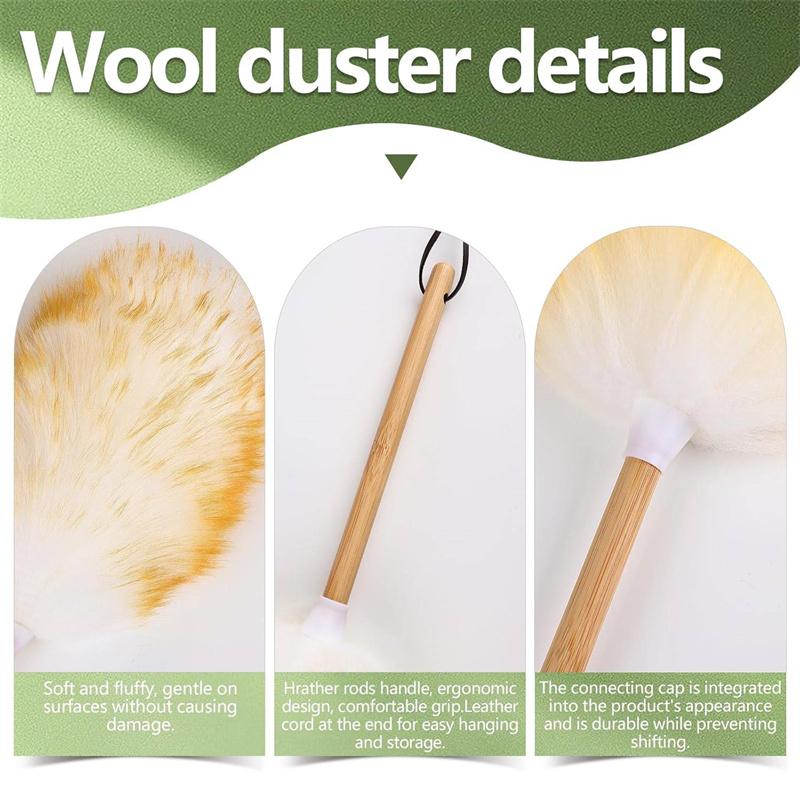 Lambswool Dusters For Cleaning With Solid Wooden Handle, Leather Hanging Strap, 15 Inch Natural Wool Duster