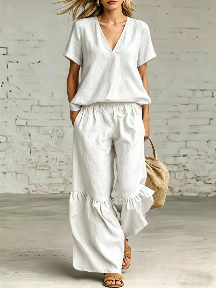 Women V Neck Ruffled Hem Linen Blend Two Piece Set Wide Leg Pants Summer Casual Outfit
