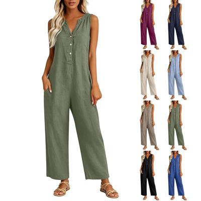 Damen Freizeit Ärmelloser V-Ausschnitt Knopfleiste Strampler Weiter Baggy Latzhose Mit Tasche