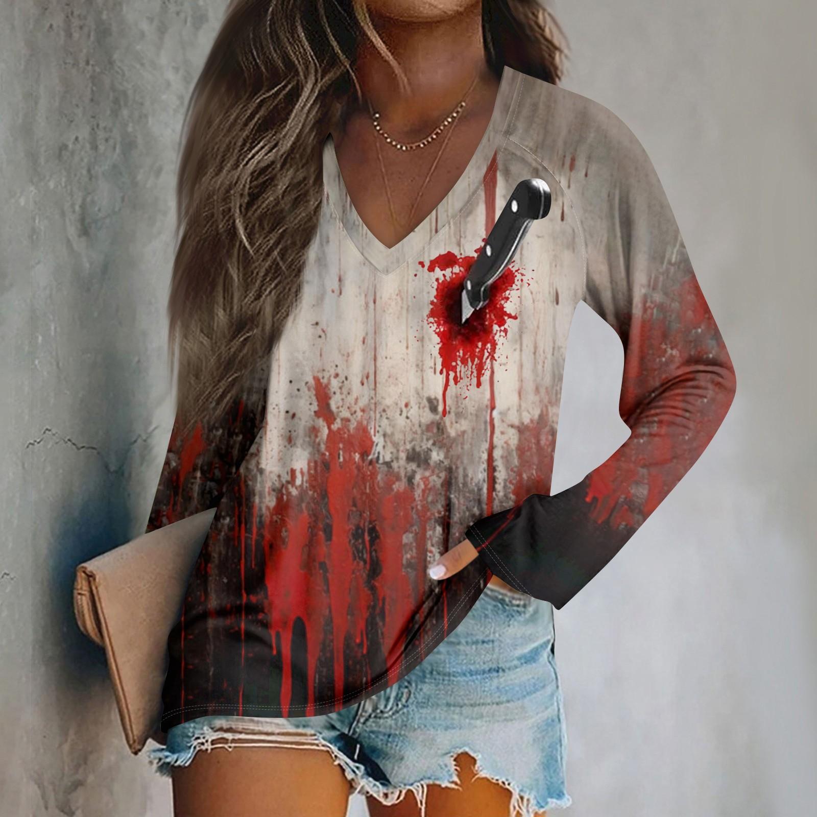 

Женский модный повседневный топ с длинным рукавом и принтом на Хэллоуин с V-образным вырезом XXL