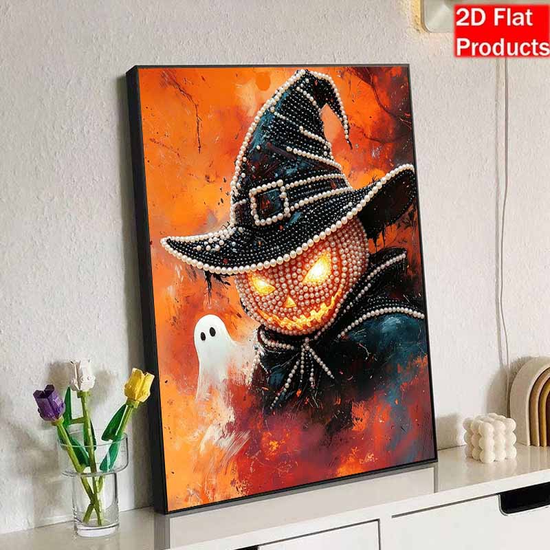 DIY Frameless Pearl Bead Painting Kit Halloween Pumpkin Ghost Sparkling Canvas Art Creative Gift for Craft Lovers