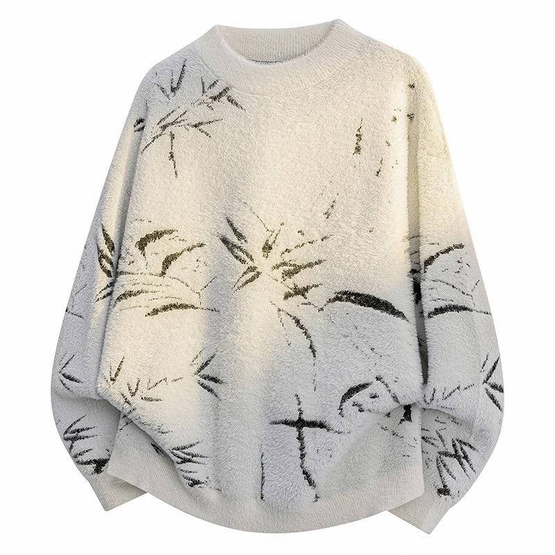 2025 Winter Bamboo Leaf Jacquard Sweater: Round Neck, Loose Fit, Retro Knit Pullover