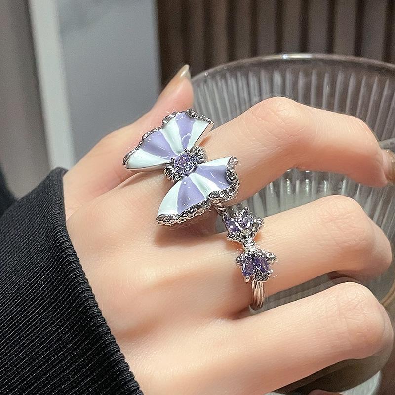 New Butterfly Purple Series Zircon Moon Open Ring Niche Design Drip Glaze Personalized Sweet Cool Wind Ring Woman