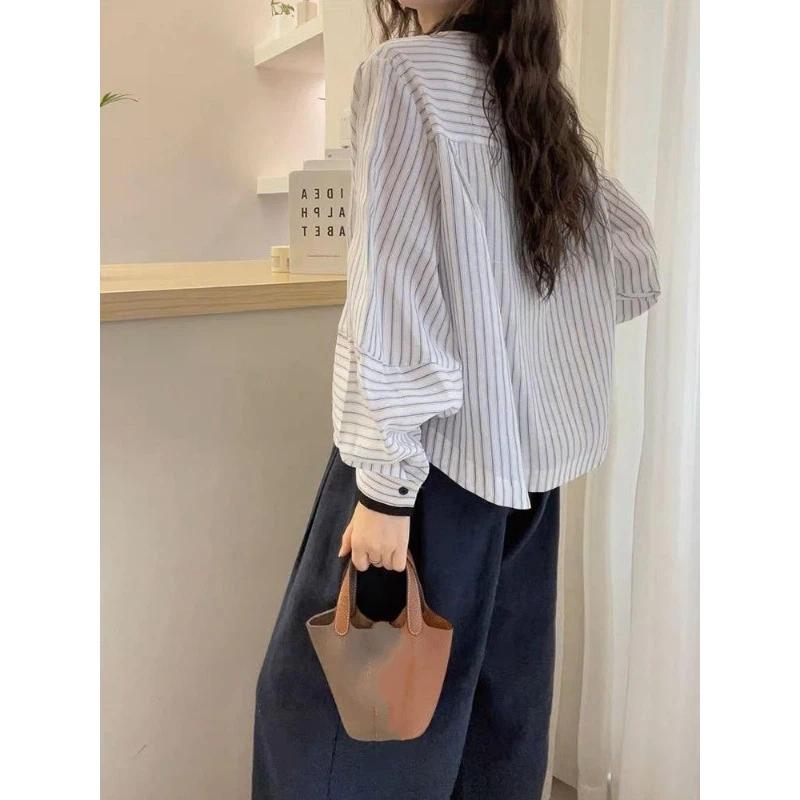 Women Striped Blouse Round Neck Button Front Lantern Sleeve Casual Loose Fit Shirt