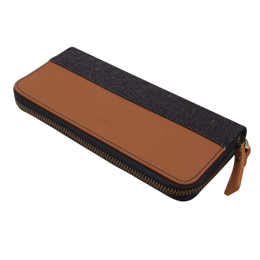 Estuche para lápices Luddite de piel auténtica con cremallera y diseño redondo, 2 unidades, color vaquero [Camel] LDKC-RZP2-09