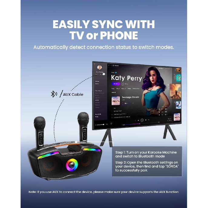 Bluetooth Karaoke Machine for Adults & Kids, 80W Portable Speaker with 2 Wireless Microphones, Echo Adjustment, Support USB/AUX/TF Card