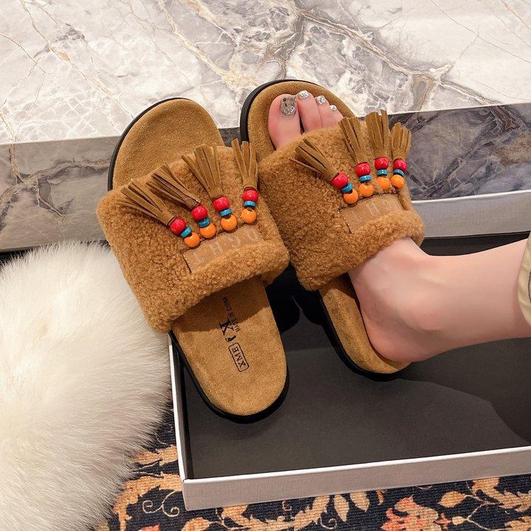 

Warm Mao Mao slippers women s outer wear 2025 new autumn and winter high-end warm home beaded tassel women s one-word drag 40 коричневый