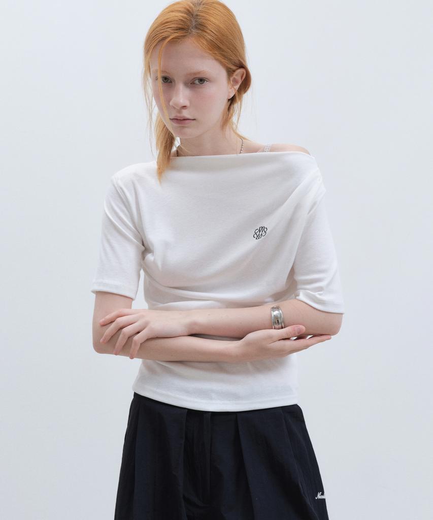 Nigaennikol Half Shirring Drape Boat Neck Top_White