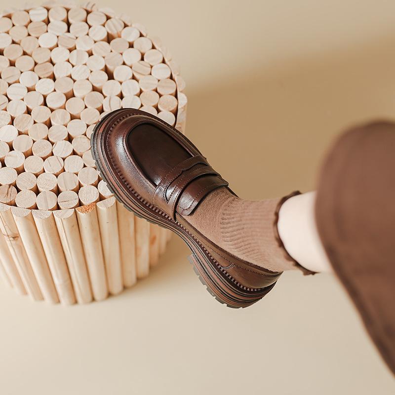 Thick-soled British Style Round-toe Single Shoes for Women's New Spring and Summer Pedals with One Foot and Grabbing Sheepskin Retro Thick Heels Shoes