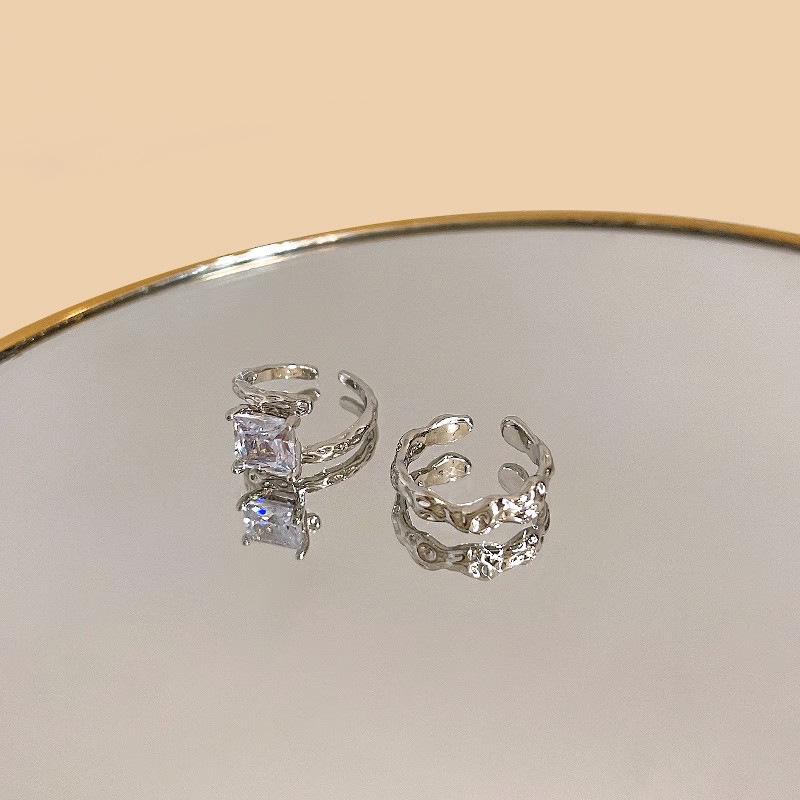 Inlaid Zircon Square Texture Open Ring Set - Light Luxury Korean Niche Design (Two-Piece) Adjustable