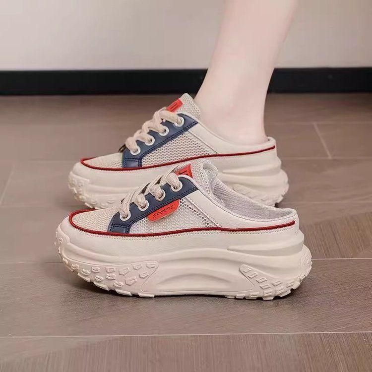 Summer Women's Thick Soles Increase Mesh Women's Sport Slippers Lace Up Half Slipper Casual Shoes Ladies Slides Sneakers
