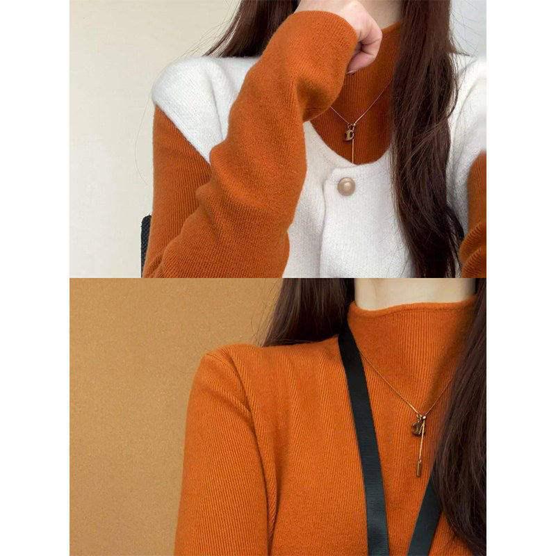 Women's Persimmon Red Stand-Up Collar Knit Sweater - Warm, Stylish Miu Style Long-Sleeve Top for Autumn & Winter.