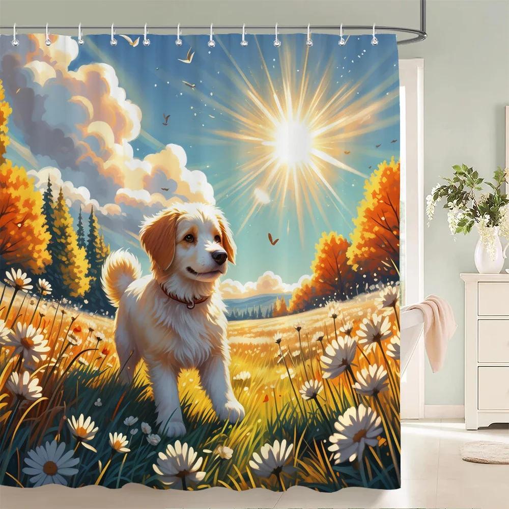Floral Summer Shower Curtain Cat and Dog Animals Fabric Shower Curtains for Rustic Bathroom Decor Spring Plant Shower Curtain