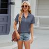 Summer Women's T-Shirt Solid Colour Lapel Zip Loose T-Shirt POLO Collar Casual Tops