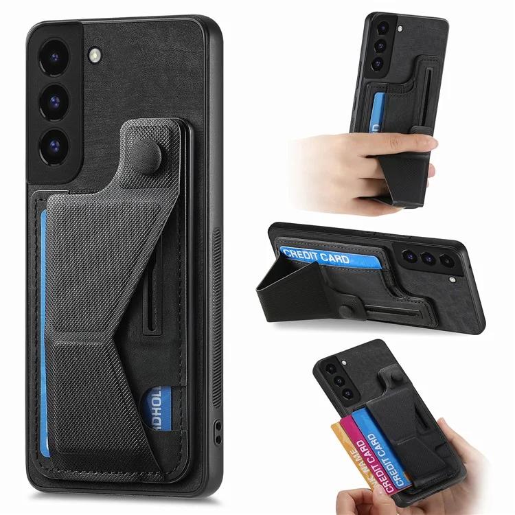 

D13 For Samsung Galaxy S22+ 5G Card Slot Case Retro PU+TPU Phone Shell with Kickstand - Black