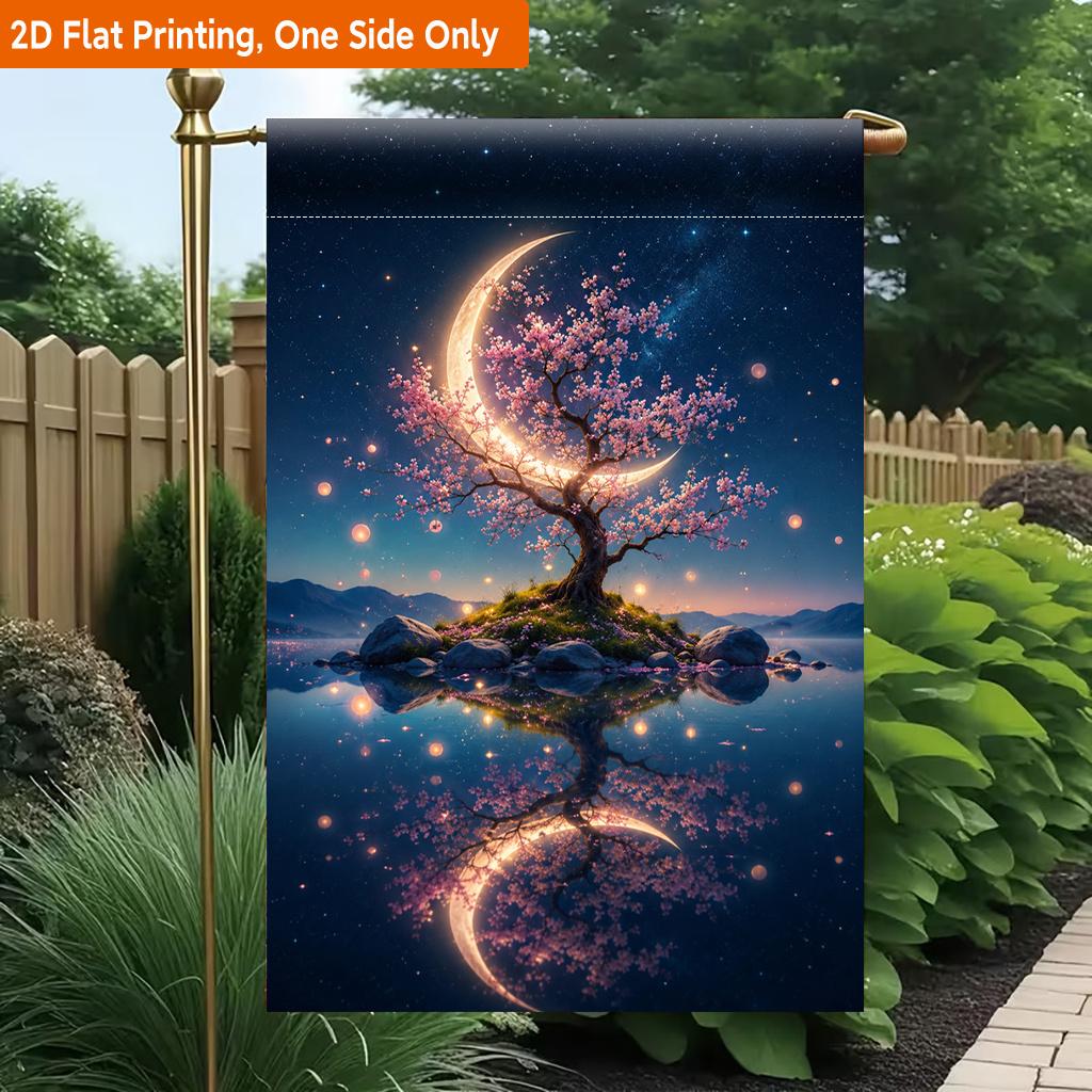 2D Flat - 2D Flat Printing Garden Flag 1pc, Magic Night Beneath Tree Durable Single-Sided Print Yard Flag, Garden & Home Holiday Decoration, 29.97X44.