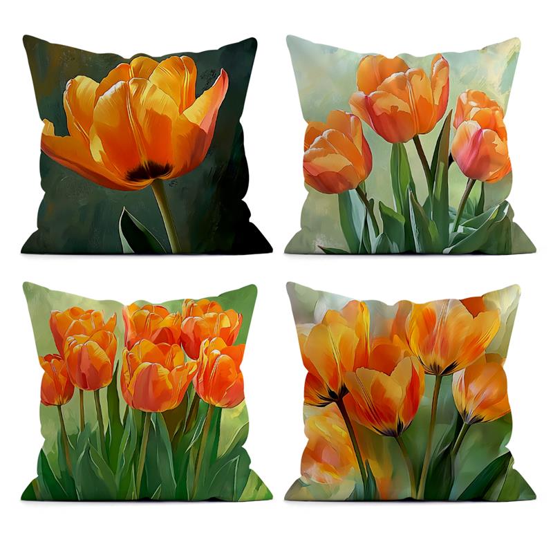 1 Pc Elegant Tulip Flower Polyester Throw Pillow Cover Sofa Couch Art Painting For Living Room Cushion Cover Modern Home Decor